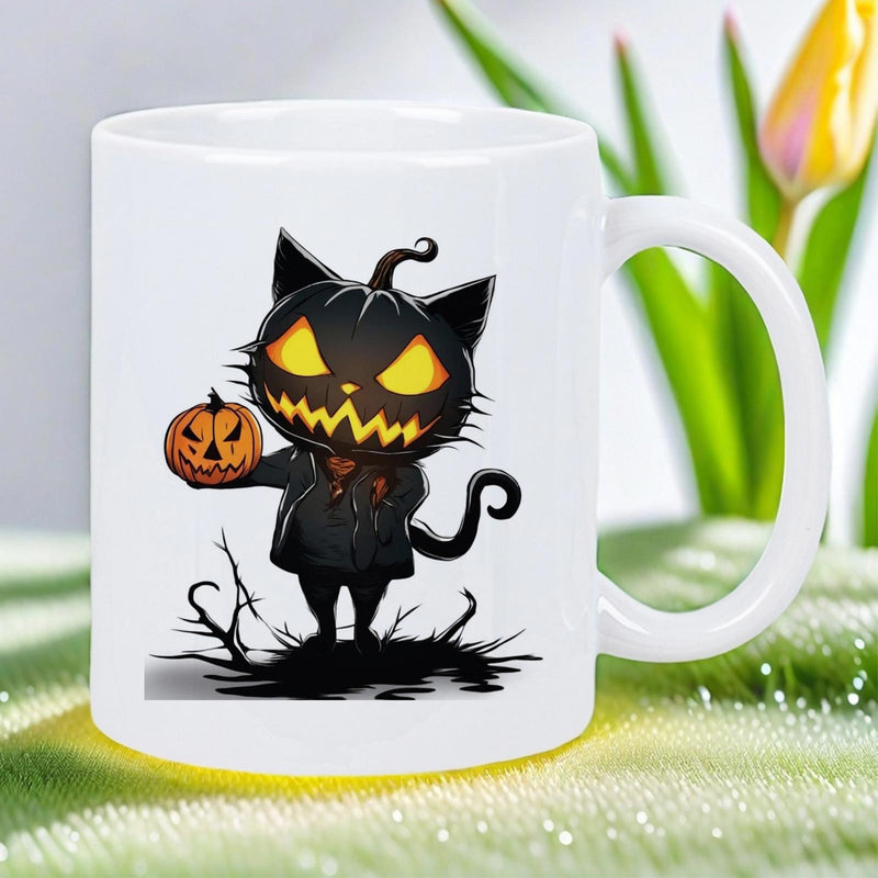 Tailorly White Ceramic 11 oz Mug - Spooky Halloween Theme With Glowing Eyes Holding Small Carved Pumpkin Cat