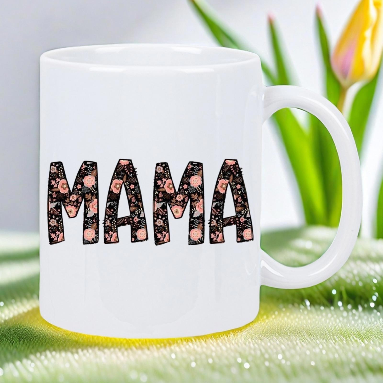 Tailorly White Ceramic 11 oz Mug - Mama Elegant Bold Letters Filled With Vintage Floral Patterns On Dark Background Mama
