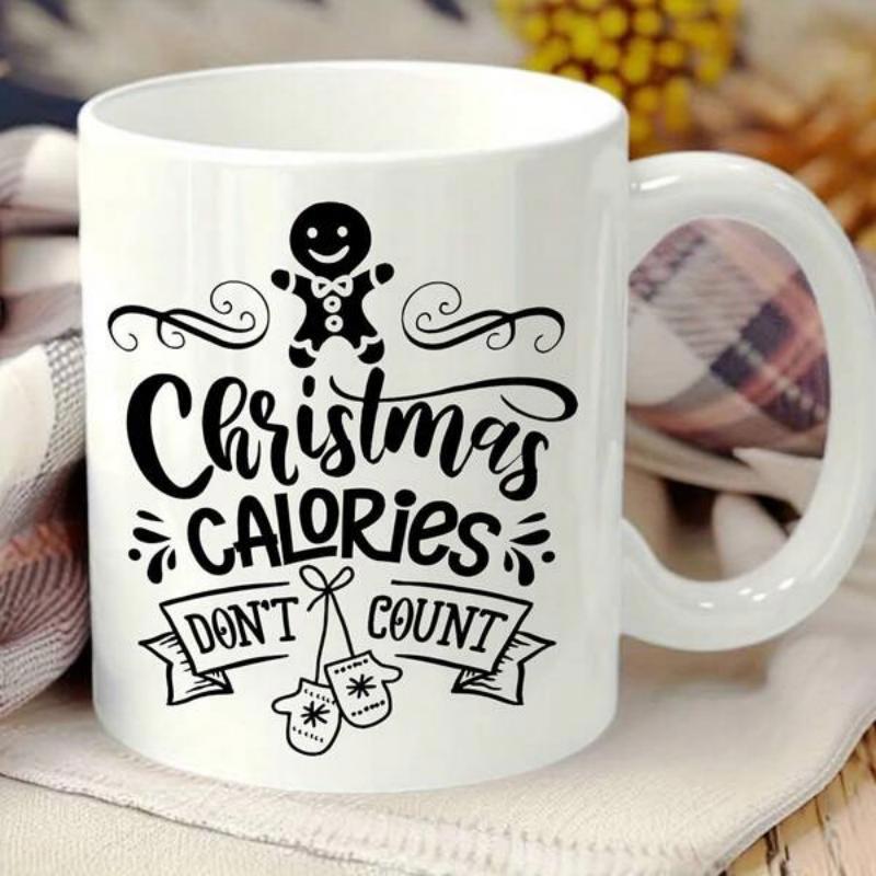 Tailorly White Ceramic 11 oz Mug - Christmas Calories Don't Count Festive Smiling Treat With Decorative Mittens And Swirls Gingerbread Man