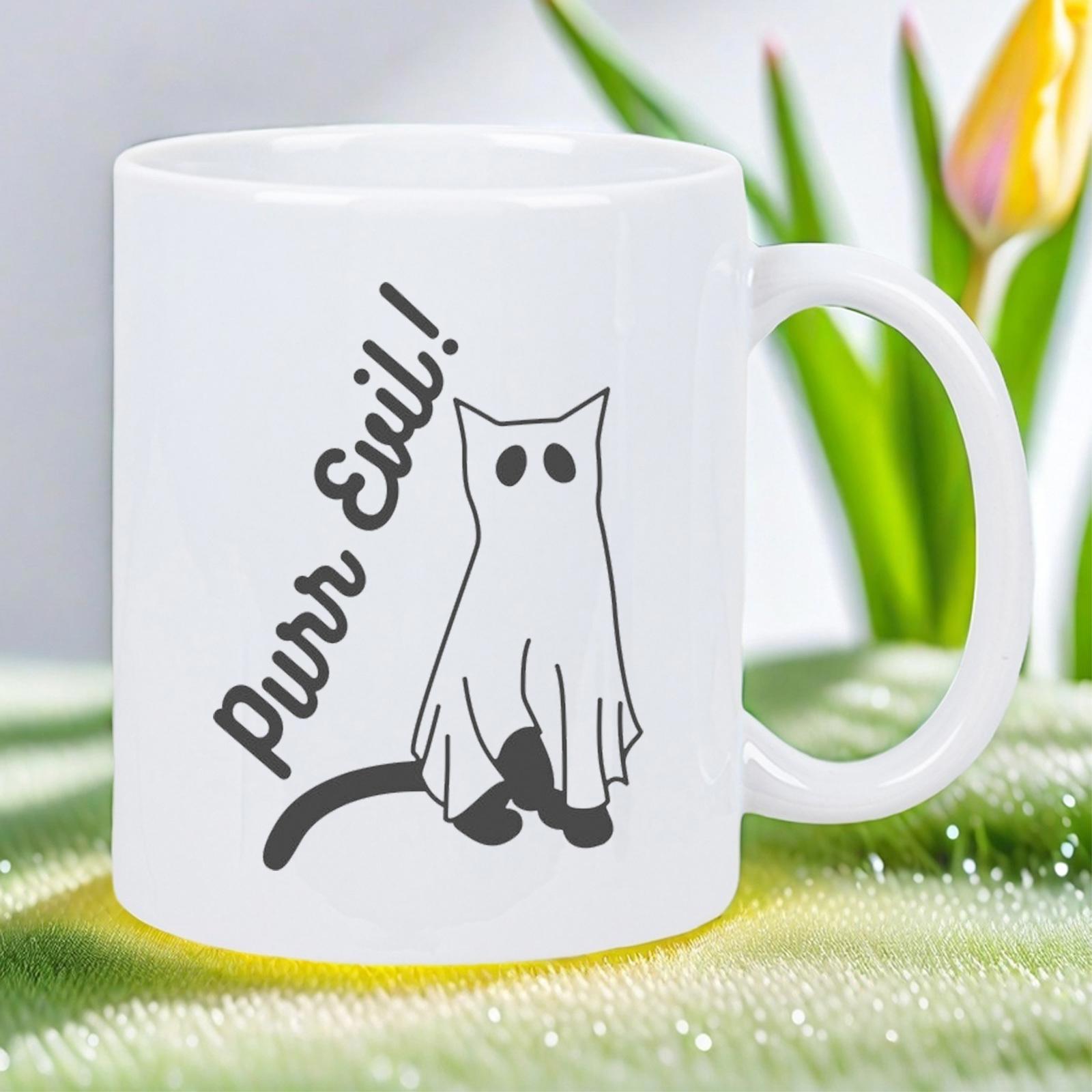Tailorly White Ceramic 11 oz Mug - Purr Evil Playful Kitten Wearing Spooky White Ghost Costume Sheet Cat