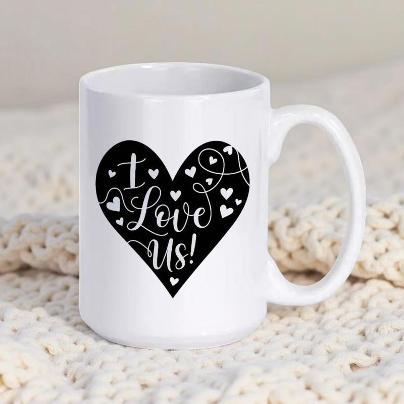 Tailorly White Ceramic 11 oz Mug - I Love Us Elegant Black Silhouette With Delicate White Swirls And Tiny Hearts Surrounding Heart