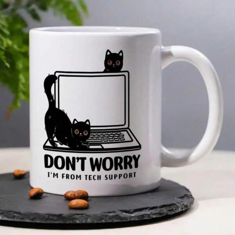 Tailorly White Ceramic 11 oz Mug - Dont Worry Im From Tech Support Playful Black Kittens Peeking Behind A Modern Desk Laptop Cat