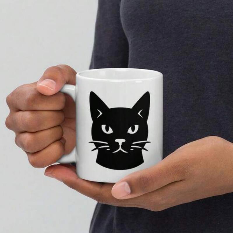 Tailorly White Ceramic 11 oz Mug - Minimalist Style Black Animal Silhouette Featuring Sharp Ears And Whiskers Cat