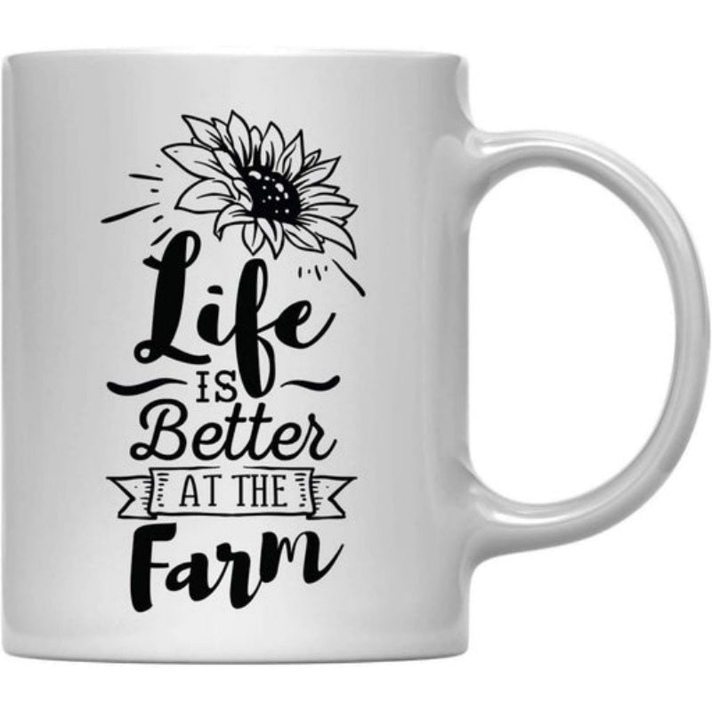 Tailorly White Ceramic 11 oz Mug - Life Is Better At The Farm Hand Drawn Artistic Sunflower Blooming Above Rustic Countryside Inspirational Quote Sunflower