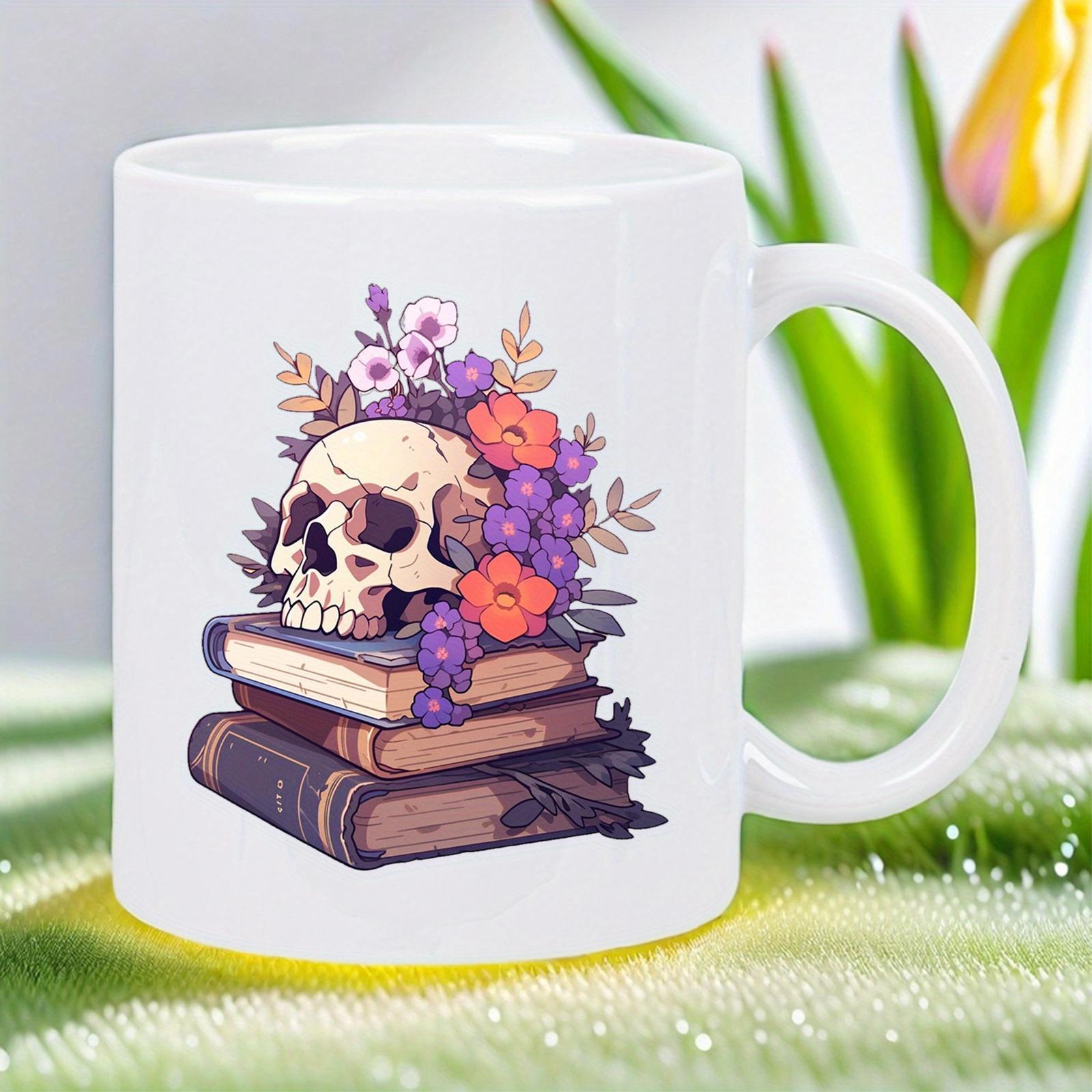 Tailorly White Ceramic 11 oz Mug - Artistic Floral Arrangement With Vintage Books And A Detailed Human Skull