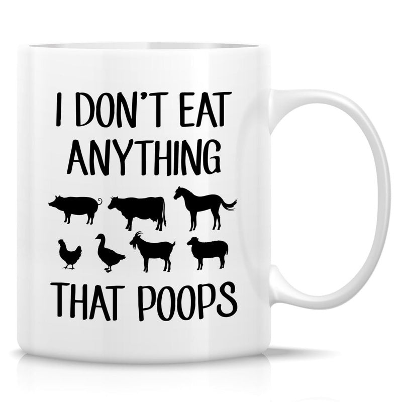 Tailorly White Ceramic 11 oz Mug - I Dont Eat Anything That Poops Minimalist Black Farm Animal Silhouettes Standing In Rows On White Surface Farm Animals