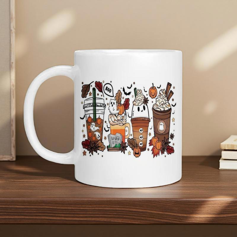 Tailorly White Ceramic 11 oz Mug - Boo Festive Autumn Coffee Cups Surrounded By Spooky Bats And Falling Leaves Drink