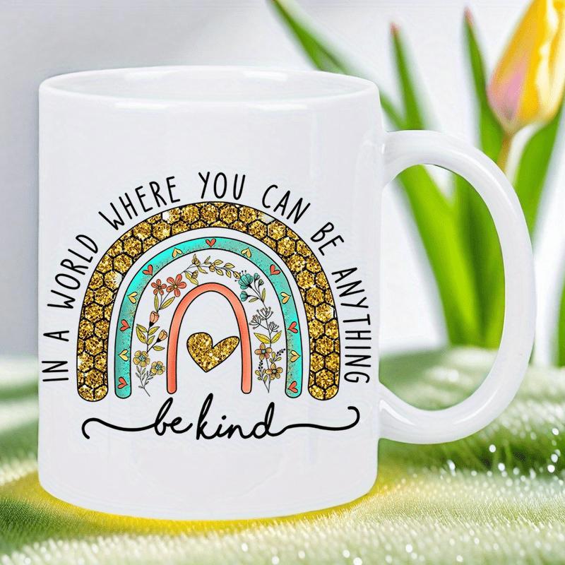 Tailorly White Ceramic 11 oz Mug - In A World Where You Can Be Anything Be Kind Artistic Arches With Leopard Prints And Floral Textures Among A Small Heart Rainbow