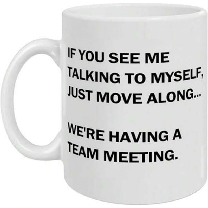 Tailorly White Ceramic 11 oz Mug - If You See Me Talking To Myself Just Move Along We Are Having A Team Meeting Simple With Bold Black Minimalist Typography