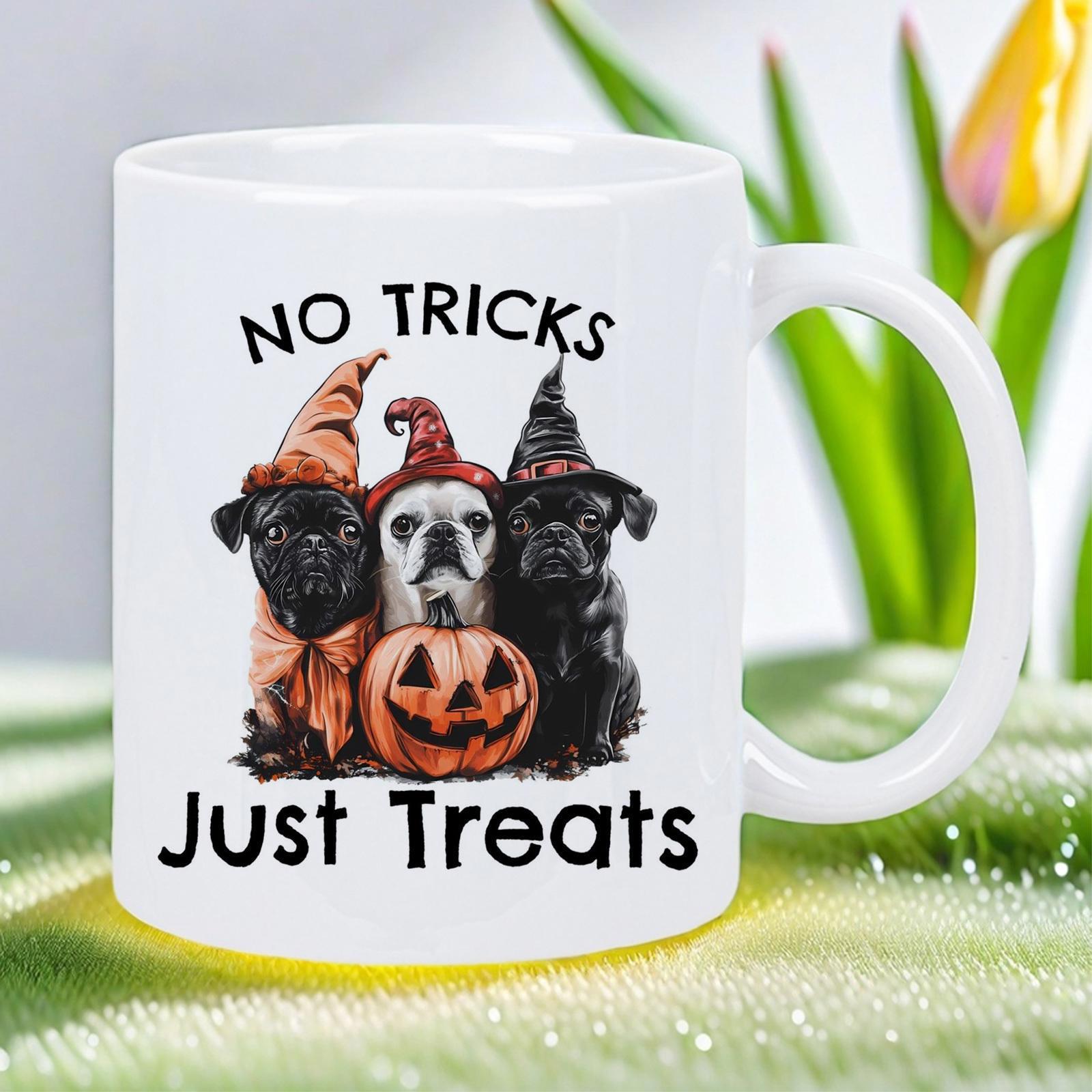 Tailorly White Ceramic 11 oz Mug - No Tricks Just Treats Three Adorable Pugs Wearing Festive Witch Hats With Pumpkin Pug