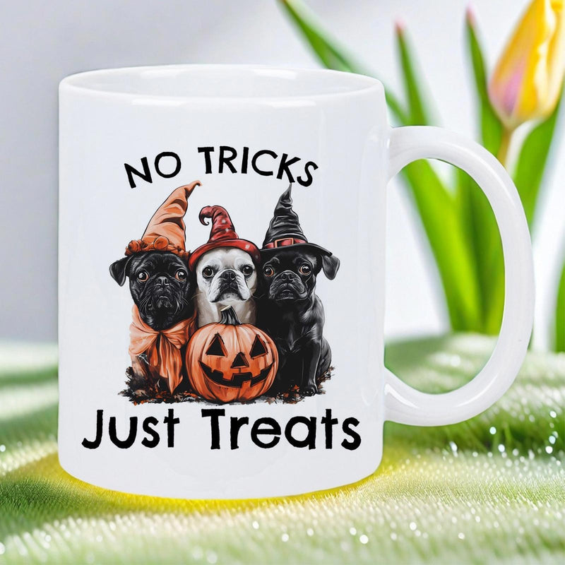 Tailorly White Ceramic 11 oz Mug - No Tricks Just Treats Three Adorable Pugs Wearing Festive Witch Hats With Pumpkin Pug
