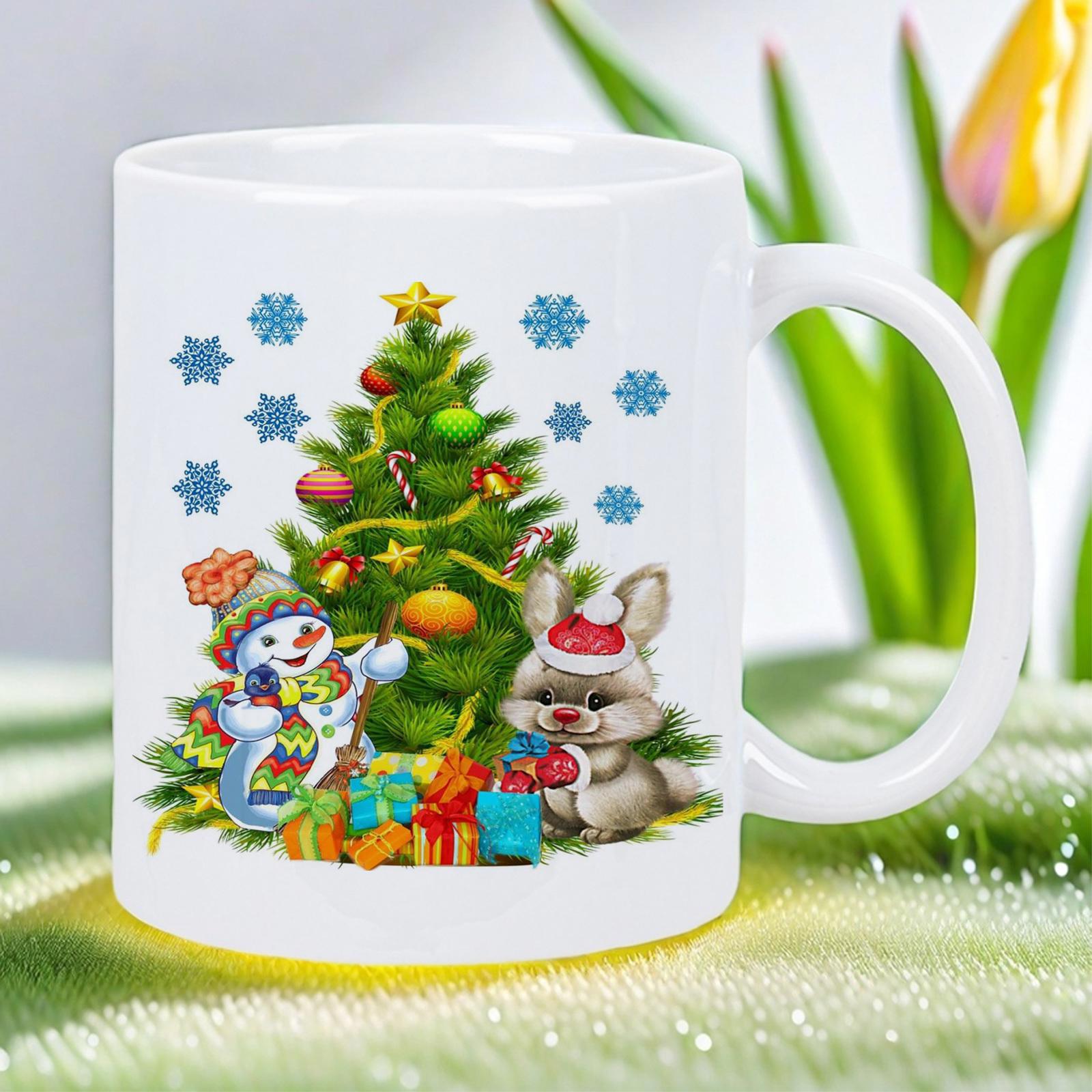 Tailorly White Ceramic 11 oz Mug - Festive Holiday Scene With Cheerful Snowman And Cute Winter Bunny Tree