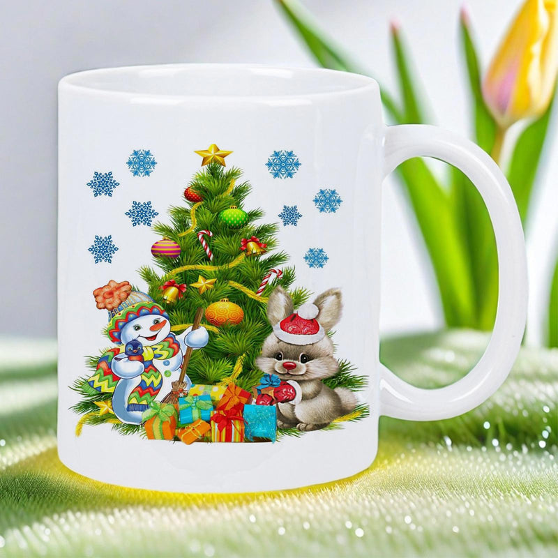 Tailorly White Ceramic 11 oz Mug - Festive Holiday Scene With Cheerful Snowman And Cute Winter Bunny Tree