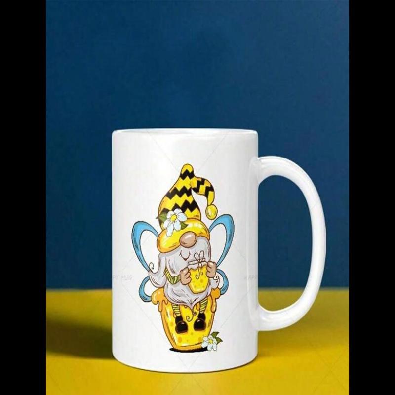 Tailorly White Ceramic 11 oz Mug - Charming Garden Fairy Sitting Inside Yellow Cupcake Wrapper Holding Coffee Gnome