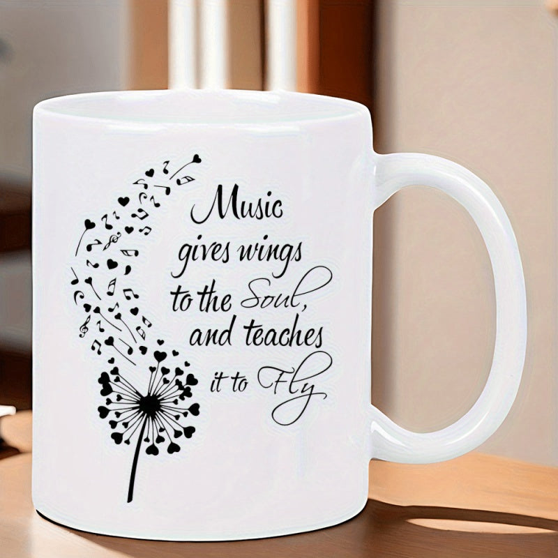 Tailorly White Ceramic 11 oz Mug - Music Gives Wings To The Soul And Teaches It To Fly Elegant Artistic Dandelion With Floating Heart Notes Under Gentle Breezy