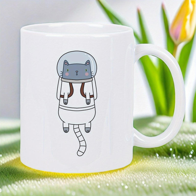 Tailorly White Ceramic 11 oz Mug - Adorable Gray Kitty Floating In A White Space Explorer Suit Cat