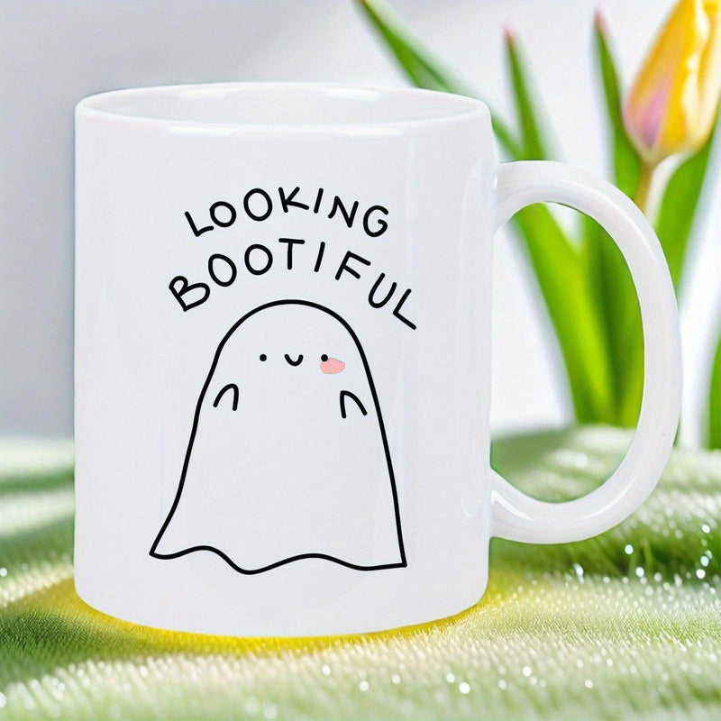 Tailorly White Ceramic 11 oz Mug - Looking Bootiful Cute Smiling Cartoon Character With Small Blush And Waving Ghost
