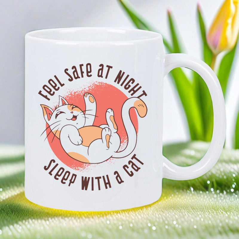 Tailorly White Ceramic 11 oz Mug - Feel Safe At Night Sleep With A Cat Cute Cartoon Ginger Kitten Lying On Its Back Inside Red Circle Cat