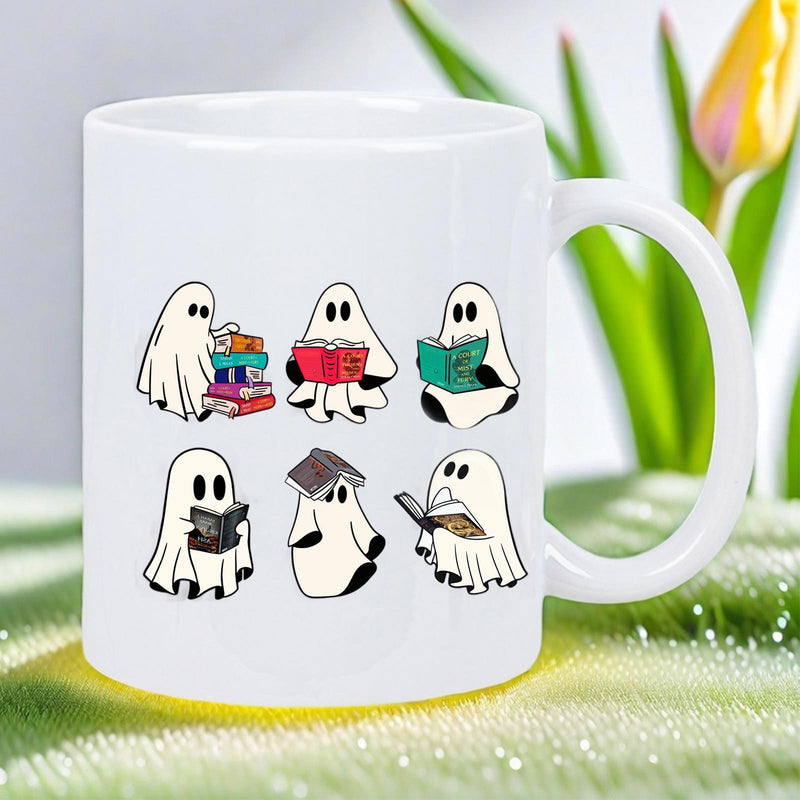 Tailorly White Ceramic 11 oz Mug - Adorable Tiny Characters Reading Colorful Hardcover Literature In Different Poses Ghost