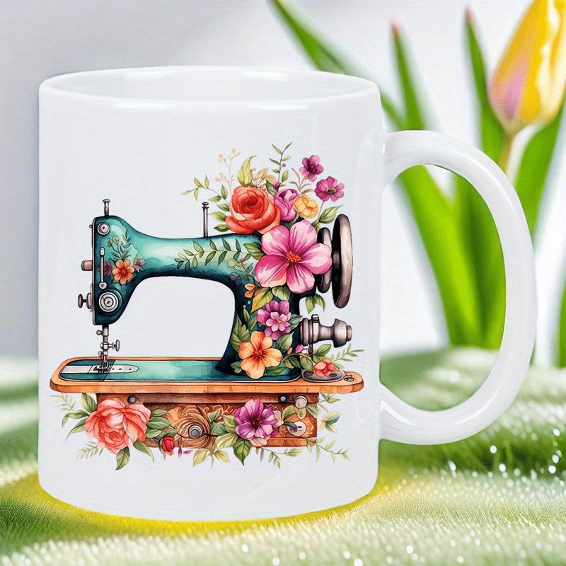 Tailorly White Ceramic 11 oz Mug - Vintage Teal Machine Surrounded By Colorful Garden Flowers In Watercolor Style Sewing Machine