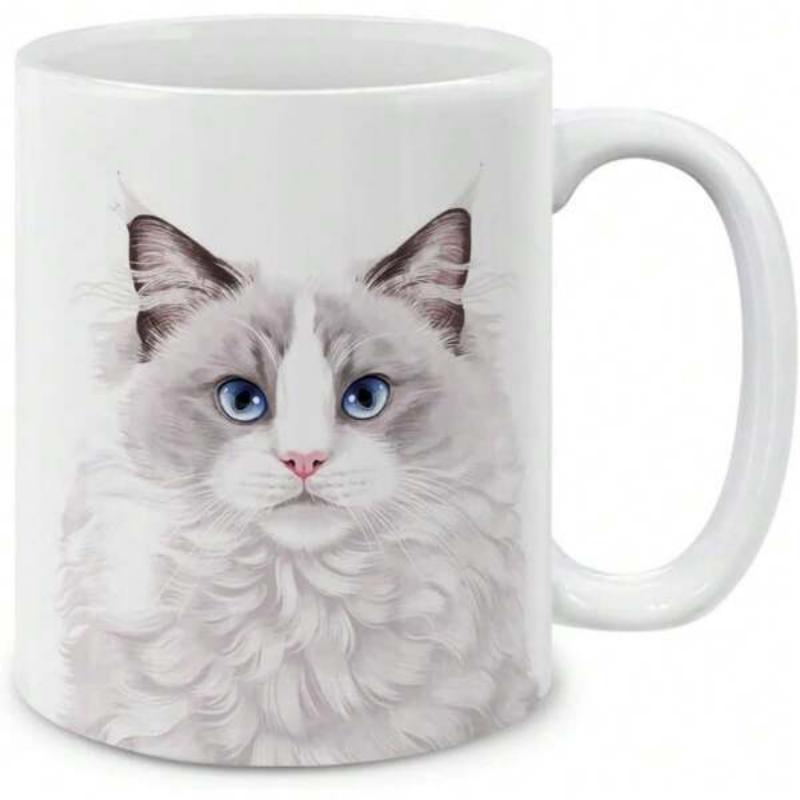 Tailorly White Ceramic 11 oz Mug - Fluffy White Long Haired Feline With Striking Blue Eyes Staring Forward Cat