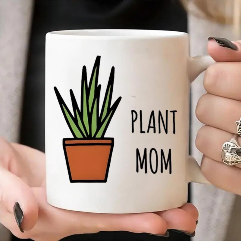 Tailorly White Ceramic 11 oz Mug - Plant Mom Green Sharp Leaves Growing Within A Simple Brown Clay Pot Plant