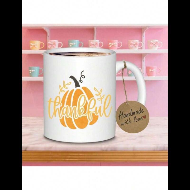 Tailorly White Ceramic 11 oz Mug - Thankful Stylized Orange Pumpkin With Elegant Black Stem And Golden Leaves Mug