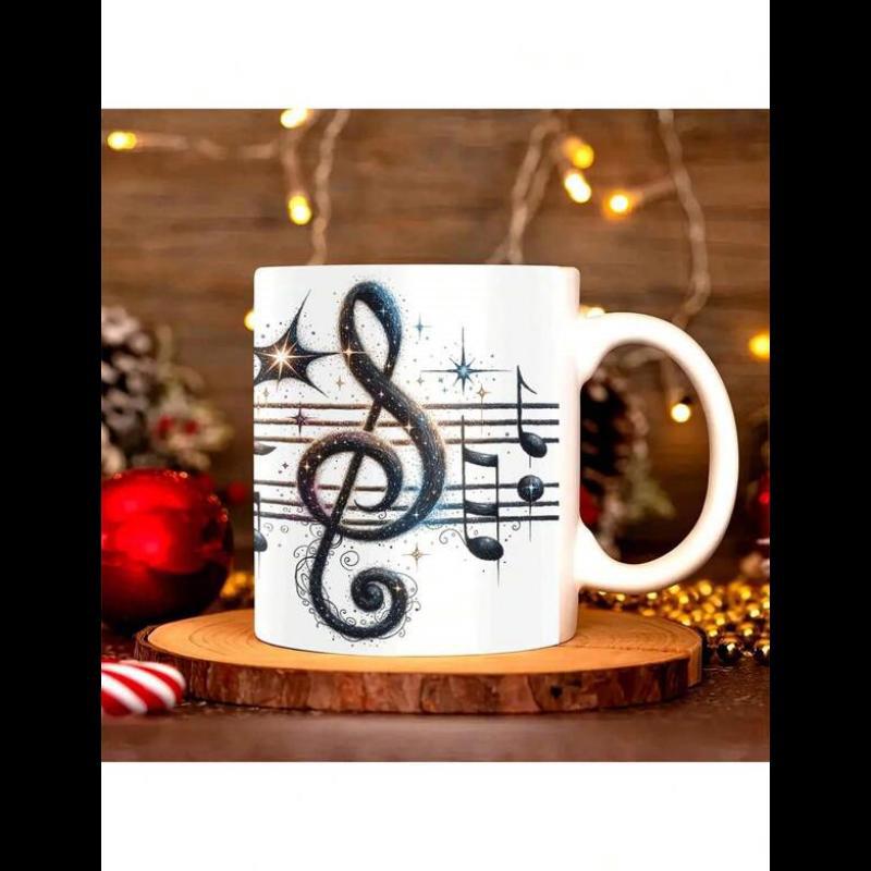 Tailorly White Ceramic 11 oz Mug - Elegant Musical Staff With Shimmering Stars And Floating Artistic Galaxy Notes Clef