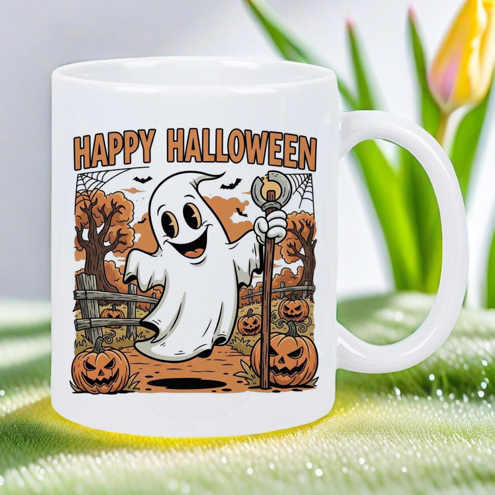Tailorly White Ceramic 11 oz Mug - Happy Halloween Vintage Cartoon Style Holding A Scepter Among Spooky Pumpkins Under Autumn Trees Ghost