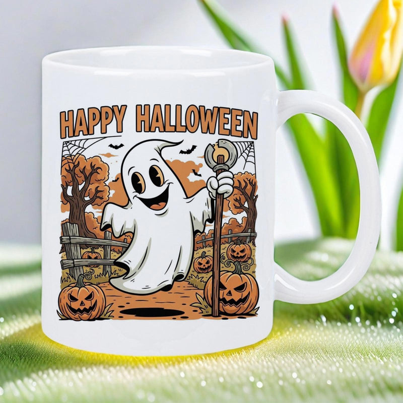 Tailorly White Ceramic 11 oz Mug - Happy Halloween Vintage Cartoon Style Holding A Scepter Among Spooky Pumpkins Under Autumn Trees Ghost
