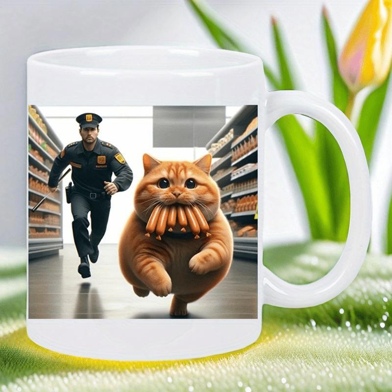 Tailorly White Ceramic 11 oz Mug - Mischievous Fat Orange Cat Running Through Grocery Store Aisle Being Chased Cat