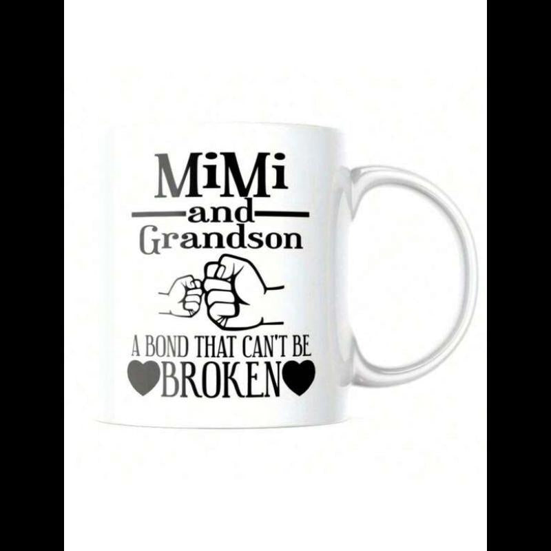 Tailorly White Ceramic 11 oz Mug - Mimi And Grandson A Bond That Cant Be Broken Minimalist Steel Cutout Showing Grandchild And Grandparents Connection Fist
