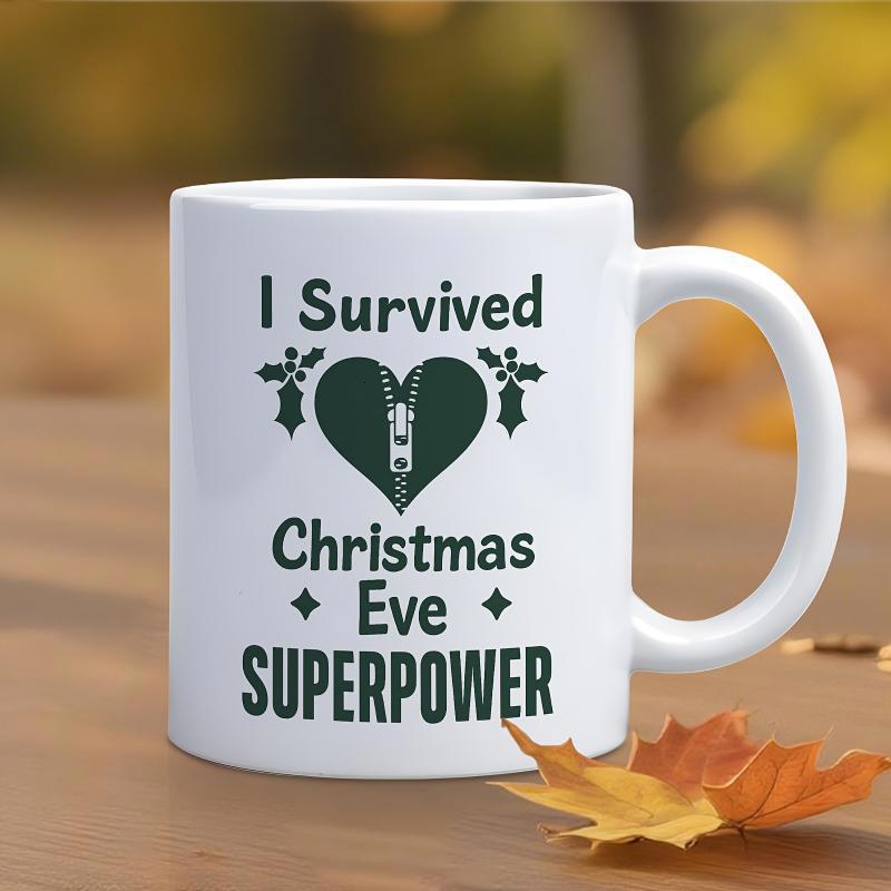 Tailorly White Ceramic 11 oz Mug - I Survived Christmas Eve Superpower Dark Green Heart With Vertical Zipper Among Holly Leaves And Berries Mug