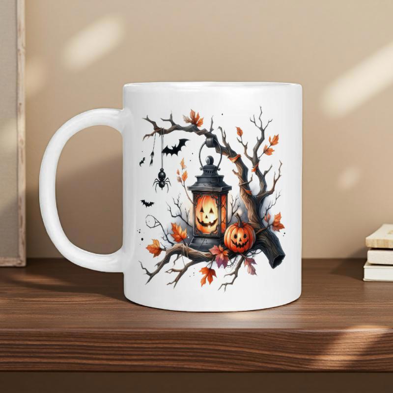Tailorly White Ceramic 11 oz Mug - Spooky Autumn Tree Branch With Glowing Jack O Lantern And Pumpkin Lantern