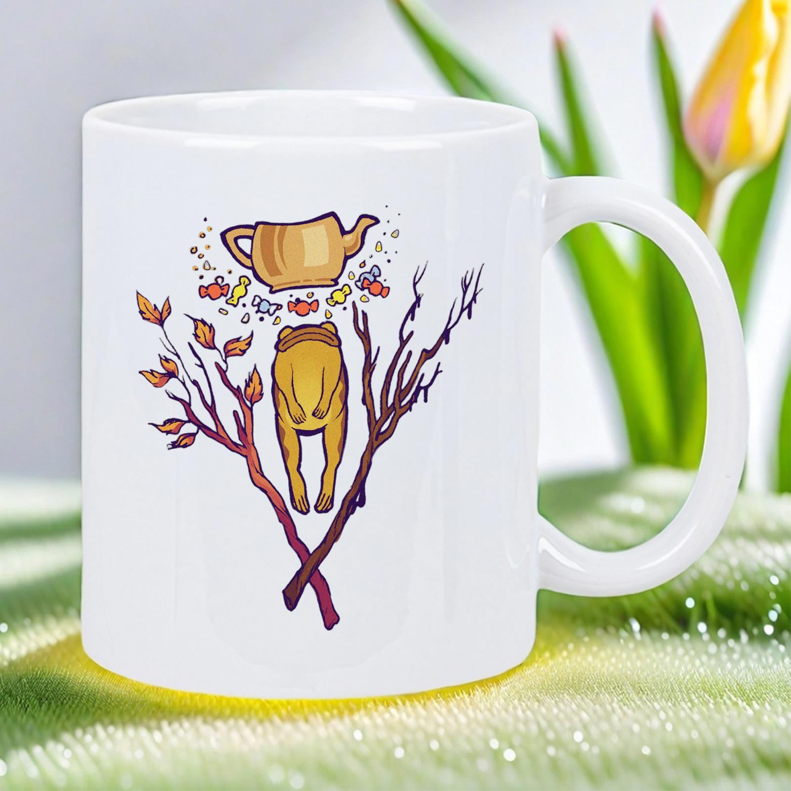 Tailorly White Ceramic 11 oz Mug - Whimsical Golden Teapot Floating Above Artistic Frog Legs Among Branches Frog