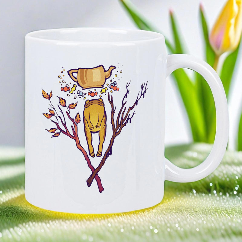 Tailorly White Ceramic 11 oz Mug - Whimsical Golden Teapot Floating Above Artistic Frog Legs Among Branches Frog