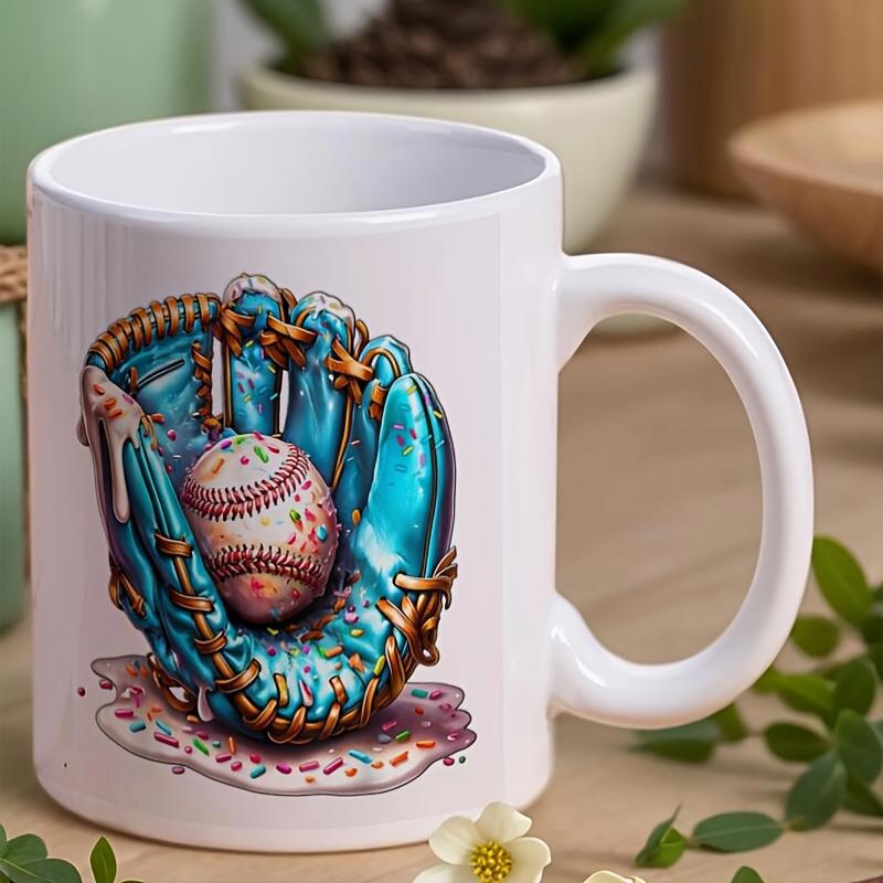 Tailorly White Ceramic 11 oz Mug - Vibrant Teal Artistic Baseball Glove Holding A Colorful Patterned Sporty Baseball