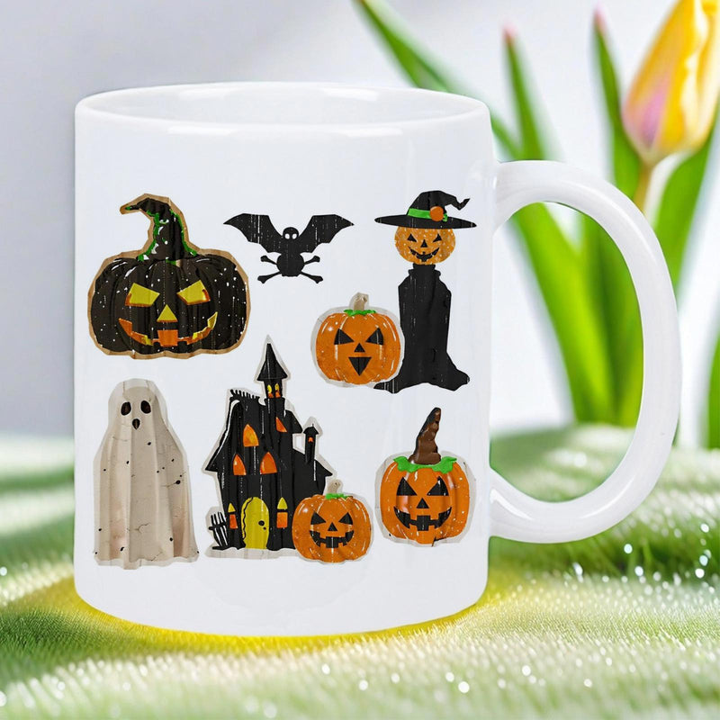 Tailorly White Ceramic 11 oz Mug - Spooky Halloween Scene Featuring Haunted House Ghost And Flying Bats Pumpkin