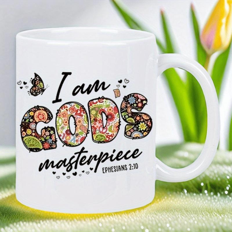 Tailorly White Ceramic 11 oz Mug - I Am Gods Masterpiece Ephesians Colorful Floral And Fruit Elements Inside Artistic Letters With Butterfly Pattern