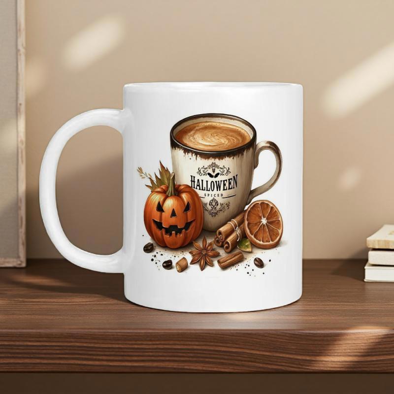 Tailorly White Ceramic 11 oz Mug - Halloween Rustic Jack O Lantern Among Spices And Warm Coffee In Vintage Cup Pumpkin