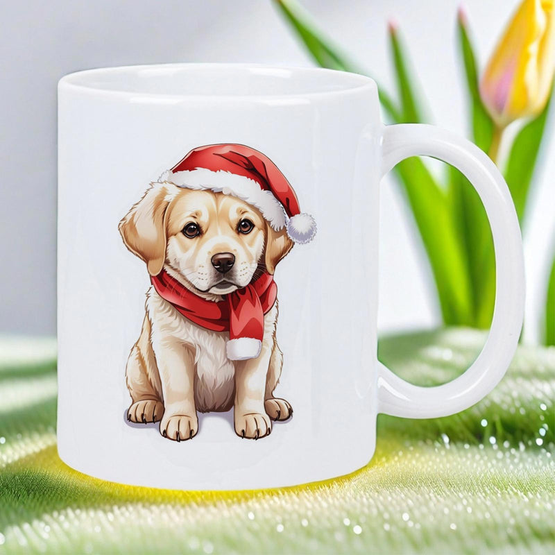 Tailorly White Ceramic 11 oz Mug - Adorable Golden Retriever Wearing Festive Red Scarf And Christmas Hat Puppy