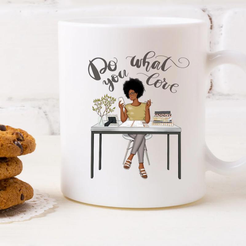 Tailorly White Ceramic 11 oz Mug - Do What You Love Confident Young Woman Working At Her Minimalist Modern Desk Woman