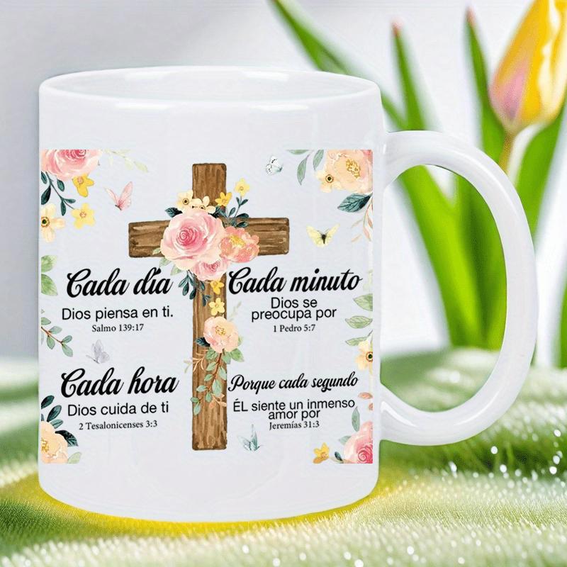 Tailorly White Ceramic 11 oz Mug - Wooden Texture Decorated With Elegant Pink Roses And Blooming Floral Greenery Cross