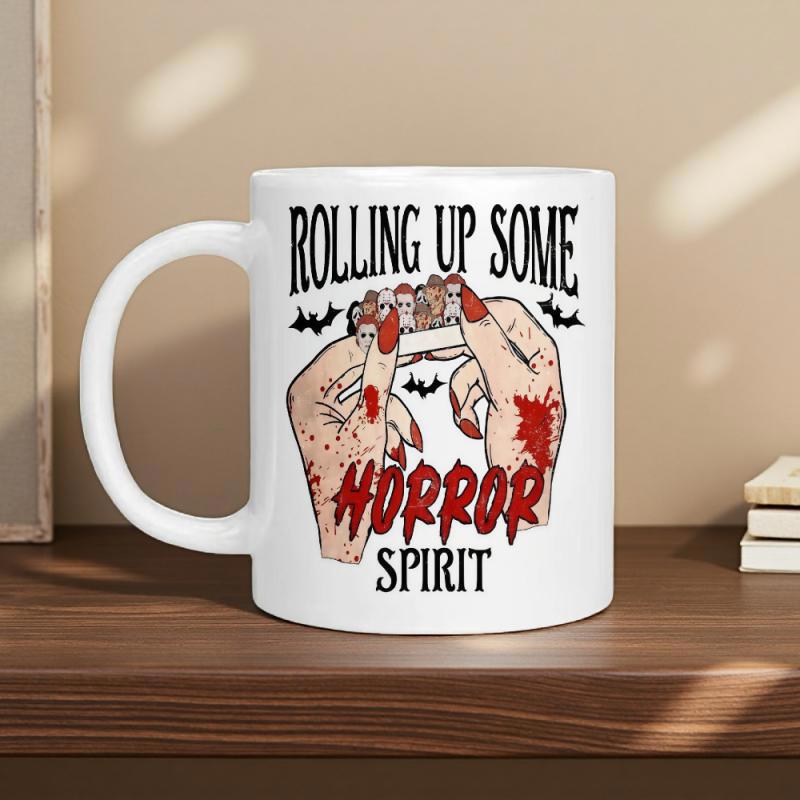Tailorly White Ceramic 11 oz Mug - Rolling Up Some Horror Spirit Blood Stained Hands Rolling Sinister Material With Small Flying Bats Mug