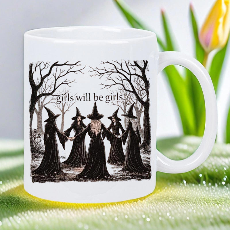 Tailorly White Ceramic 11 oz Mug - Girls Will Be Girls Five Mystical Witches Dancing In Circle Within Spooky Leafless Forest Witch