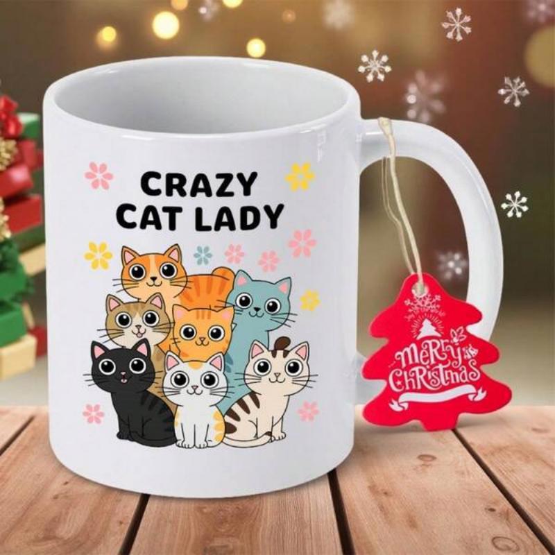 Tailorly White Ceramic 11 oz Mug - Crazy Cat Lady Group Of Adorable Colorful Cartoon Kittens Sitting Together Cat