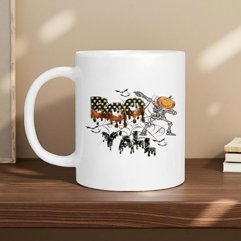 Tailorly White Ceramic 11 oz Mug - Boo Yall Spooky Dabbing Skeleton With Pumpkin Head Dancing Among Small Flying Bats Skeleton