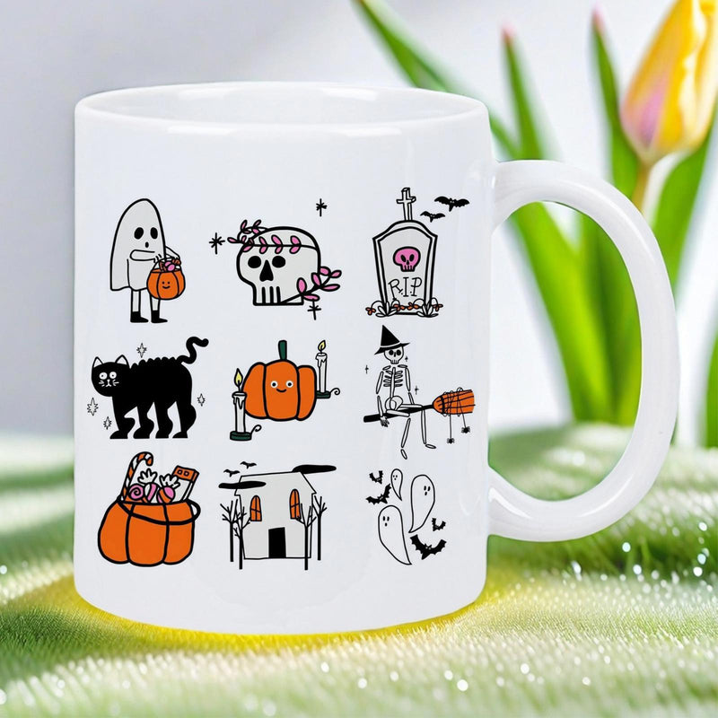 Tailorly White Ceramic 11 oz Mug - RIP Cute Hand Drawn Festive Halloween Icons Arranged In Grid Style Pattern