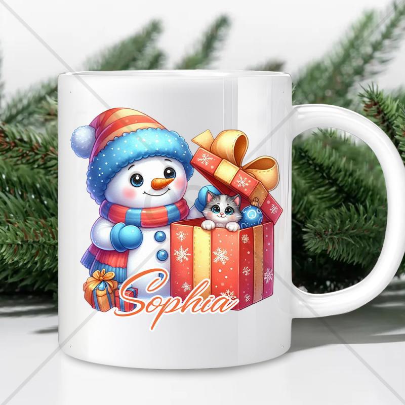 Tailorly White Ceramic 11 oz Mug - Sophia Adorable Winter Snowman Beside A Red Gift Box Containing A Small Kitten Snowman