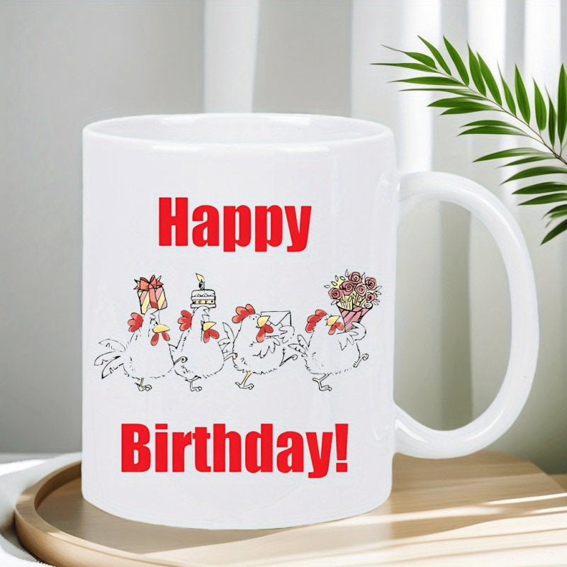 Tailorly White Ceramic 11 oz Mug - Happy Birthday Hand Drawn Cartoon Animals Carrying Cake And Flowers Among Gifts Chicken